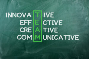 A green chalkboard with the words innovate, effective, creative, communicative.