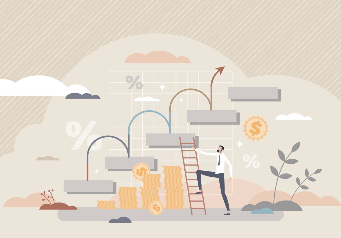 Financial increase and economical performance growth tiny person concept. Successful business revenue as efficient money earning plan vector illustration. Investment profit staircase jumping scene.
