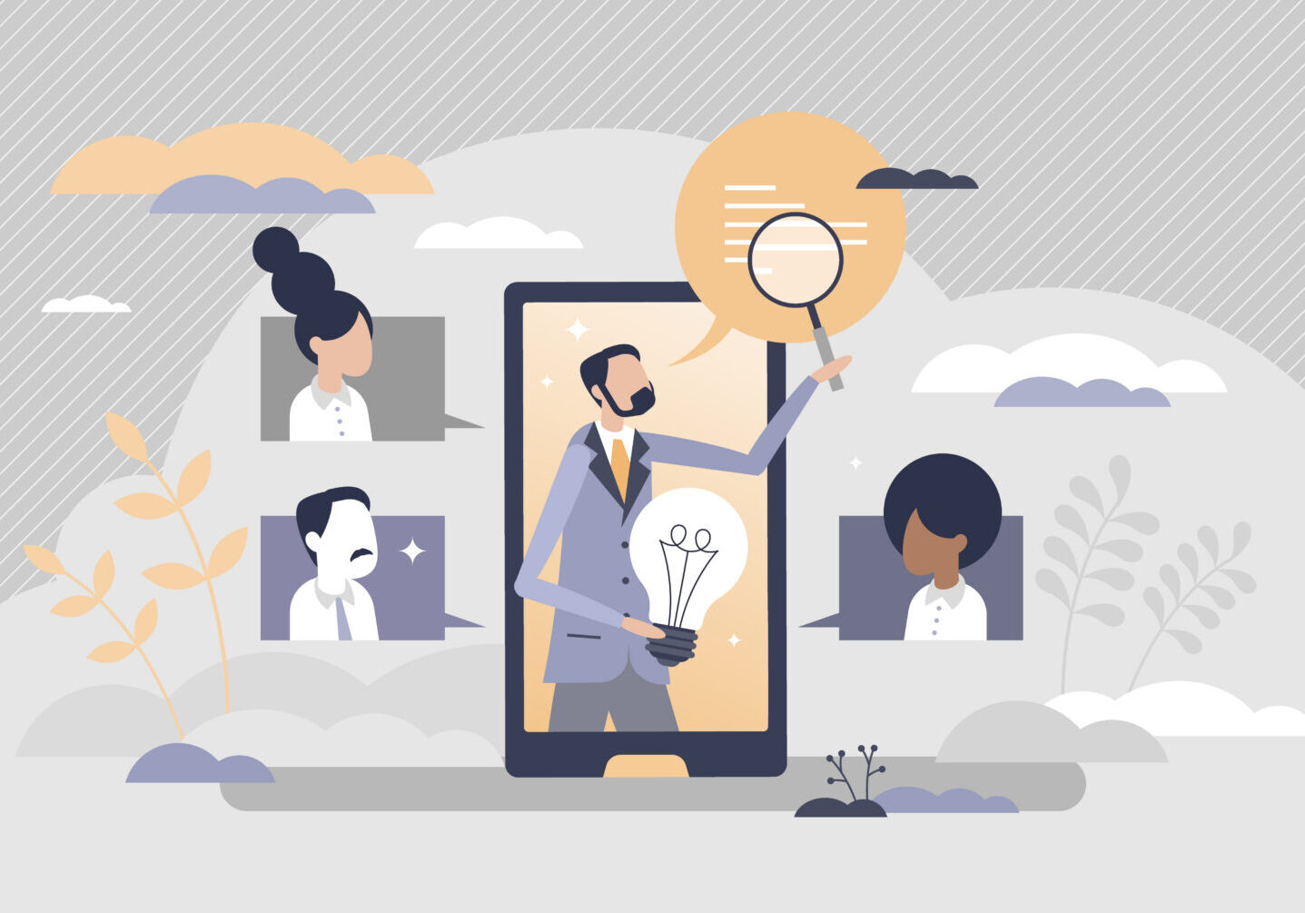 Online course with inspirational idea as creative lecture from teacher tiny person concept. Listening to educational video as distant training with motivational virtual masterclass vector illustration