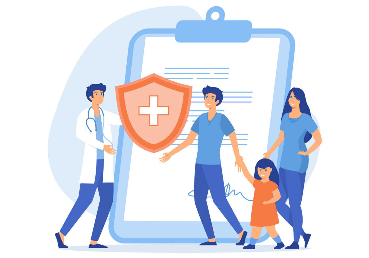 Health and life insurance concept, Doctor and Patients in Hospital filling Health and Life Insurance Policy Contract. flat vector modern illustration