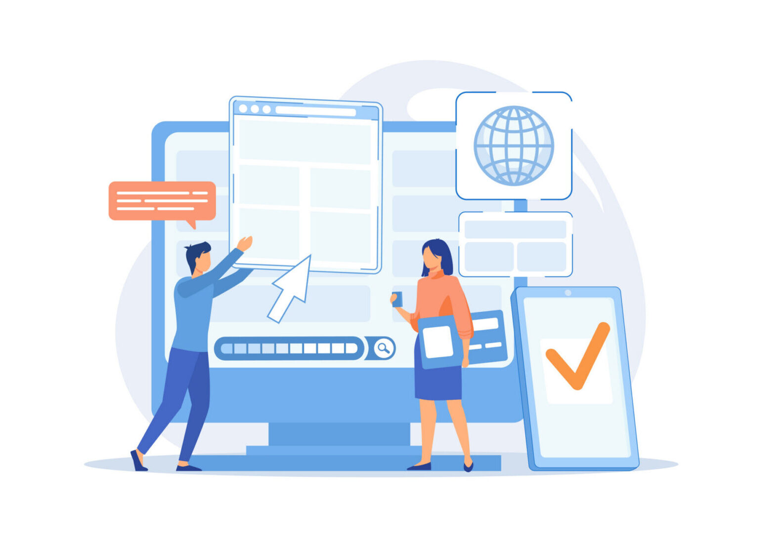 Programmers with browser windows and pc and tablet. Cross-browser compatibility, cross-browser and browser compatible concept on white background. vector illustration