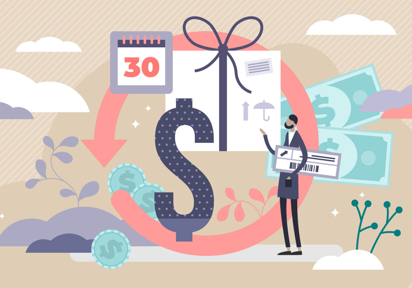 Refund returns vector illustration. Take product back situation in flat tiny persons concept. Retail process when customer exchange goods to finance. Cancel deal scene with check and warranty voucher.