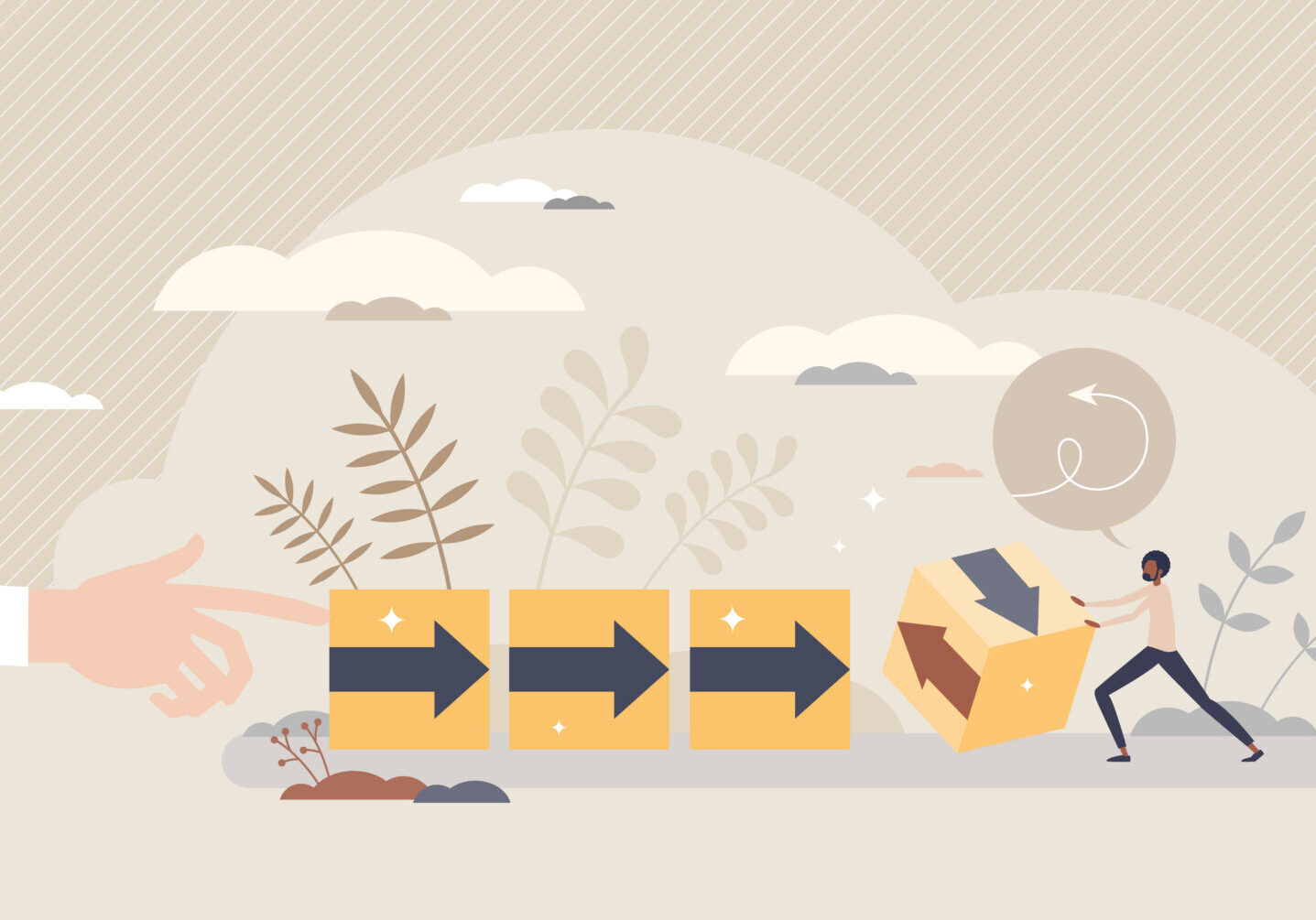 Disrupting and opposite reaction with strategy change tiny person concept. Business competitors effort to ruin success and influence outcome vector illustration. Social resilience for corporate work.